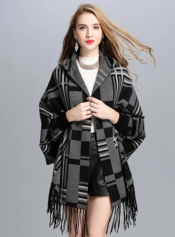 Fashion Plaid Hooded Fringed Knit Shawl
