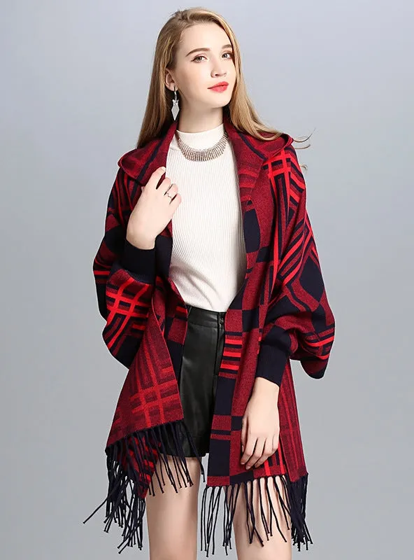 Fashion Plaid Hooded Fringed Knit Shawl