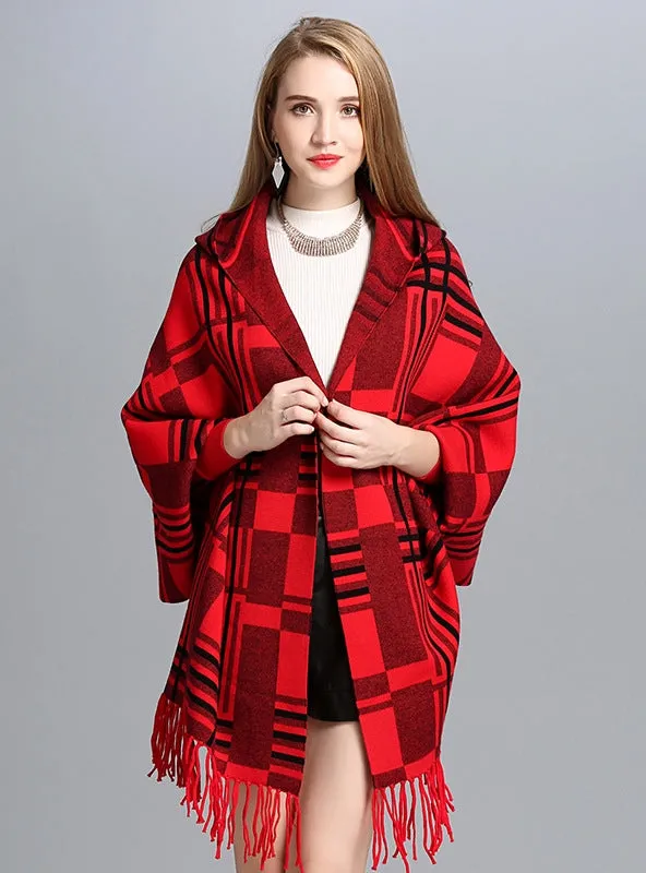 Fashion Plaid Hooded Fringed Knit Shawl