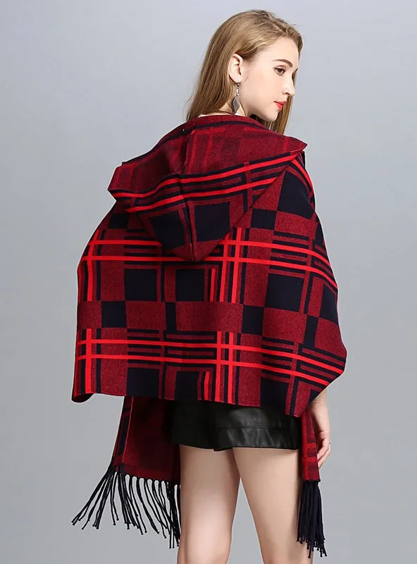 Fashion Plaid Hooded Fringed Knit Shawl