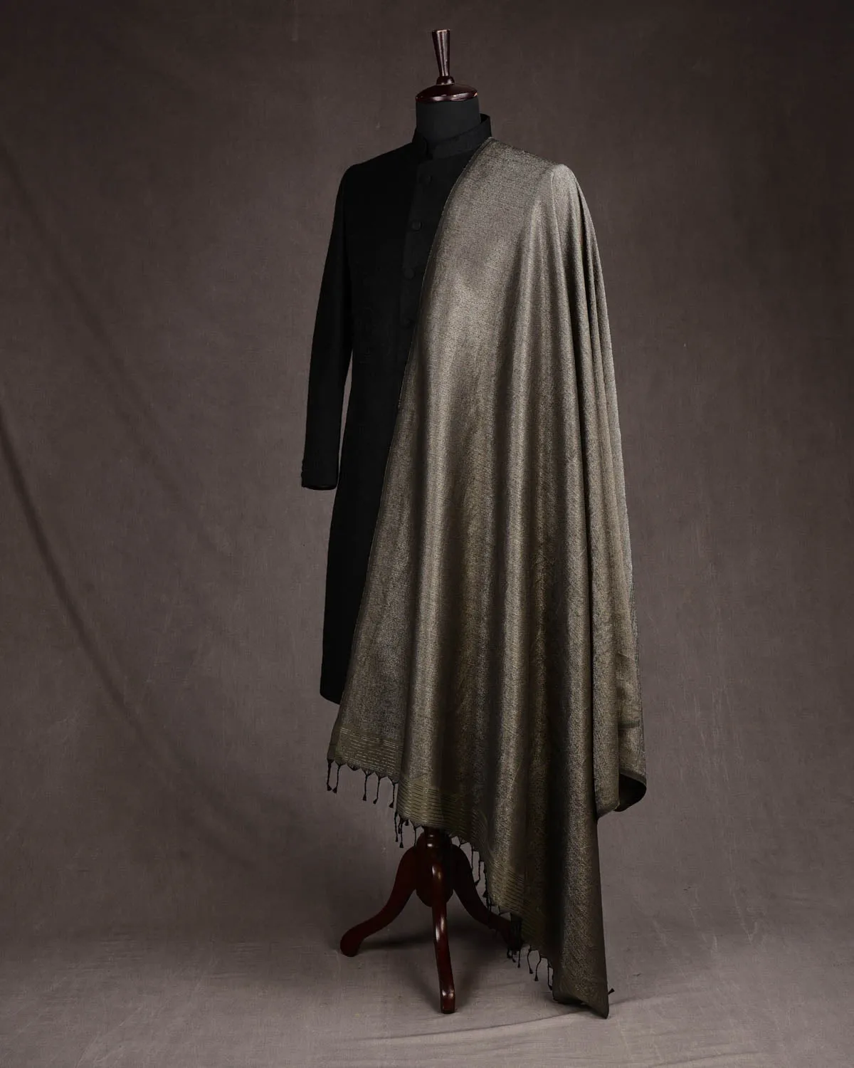 Forest Gray Silver Zari Moroccon Mosaic Tanchoi Handwoven Silk Wool Unisex Dress Shawl