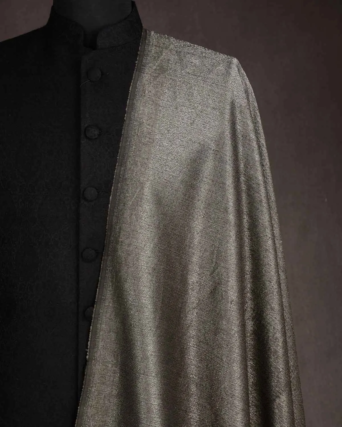 Forest Gray Silver Zari Moroccon Mosaic Tanchoi Handwoven Silk Wool Unisex Dress Shawl