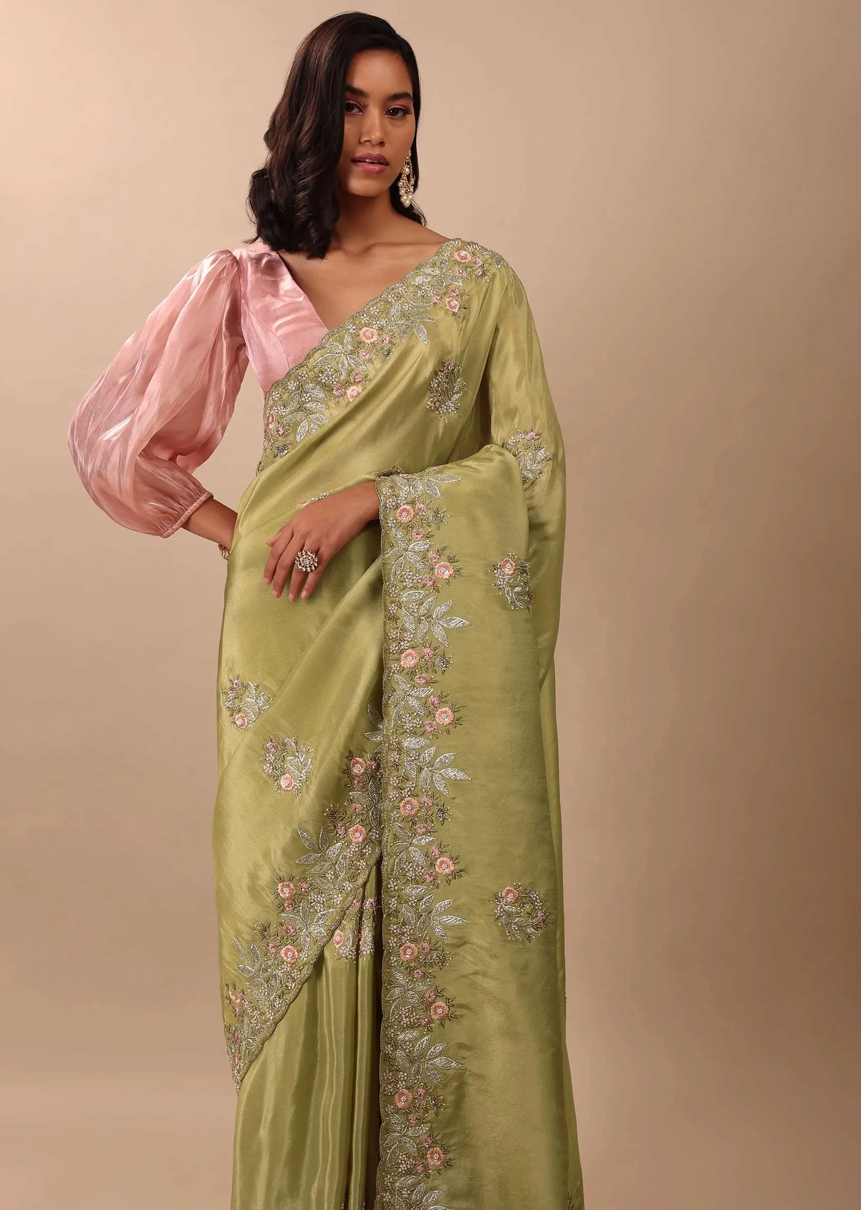 Grass Green Saree In Glass Tissue Fabric And Gotta Resham Embroidery With Cut Dana, Moti & Sequins