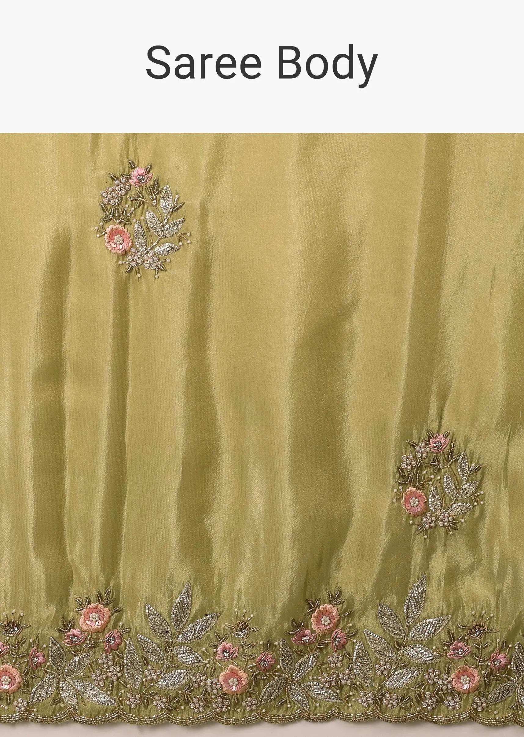 Grass Green Saree In Glass Tissue Fabric And Gotta Resham Embroidery With Cut Dana, Moti & Sequins
