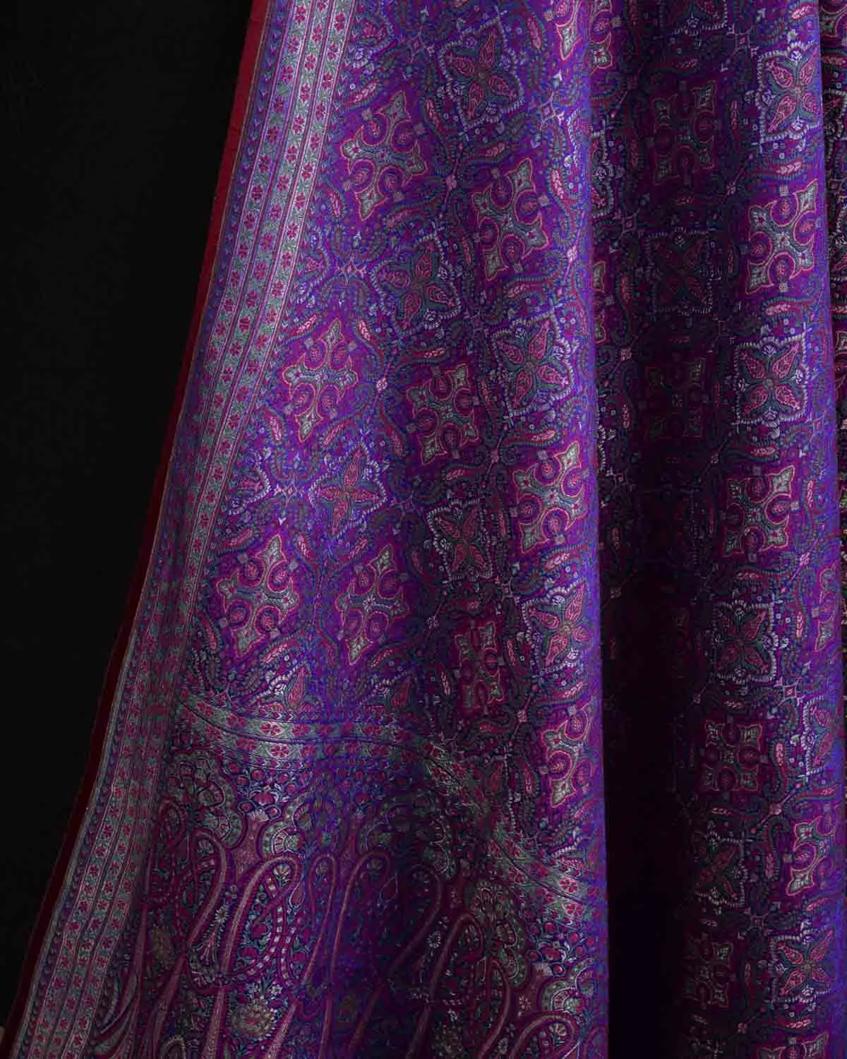 Green On Purple Tehra Traditional Jamawar Handwoven Silk Wool Unisex Dress Shawl with Silver Zari