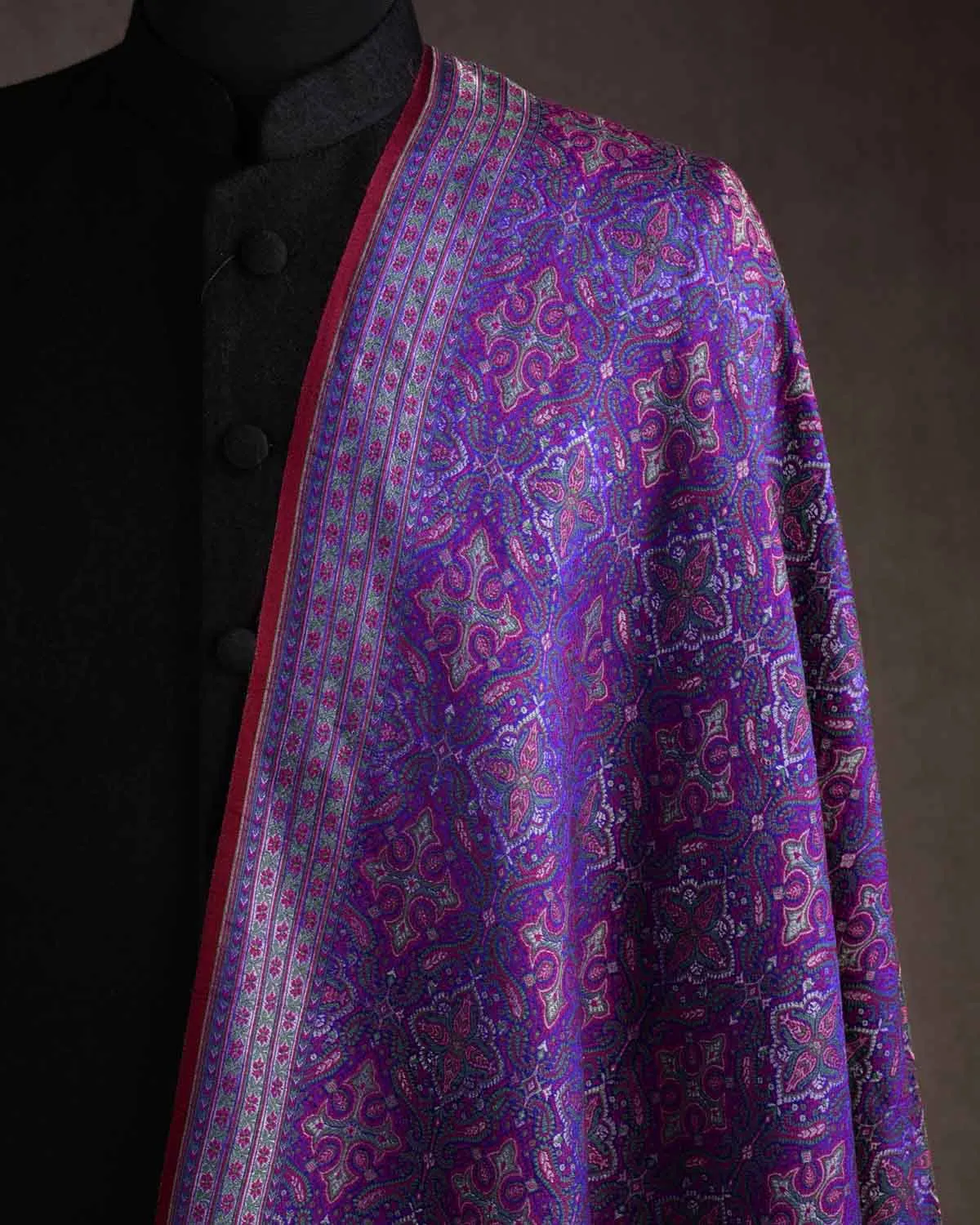 Green On Purple Tehra Traditional Jamawar Handwoven Silk Wool Unisex Dress Shawl with Silver Zari