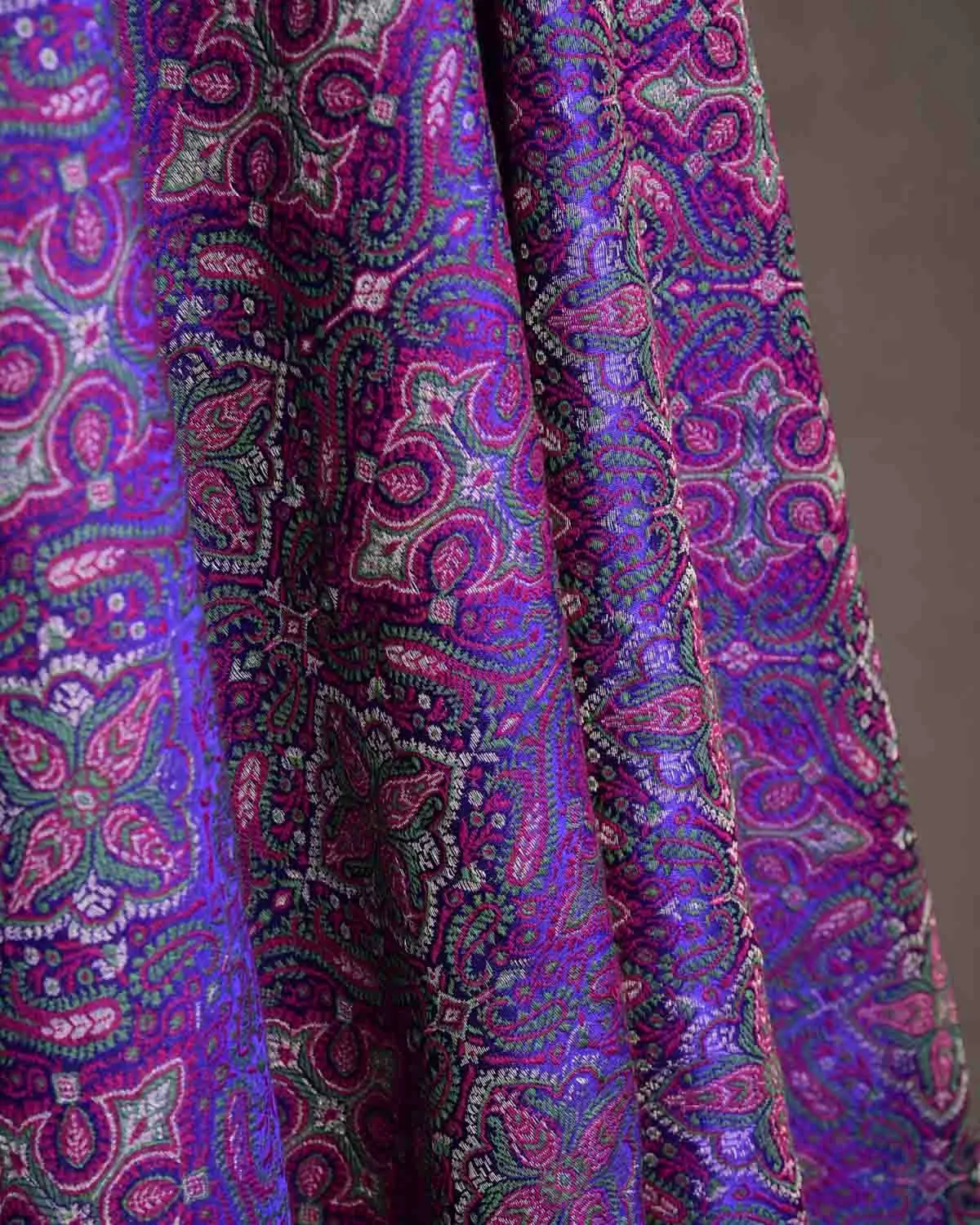 Green On Purple Tehra Traditional Jamawar Handwoven Silk Wool Unisex Dress Shawl with Silver Zari