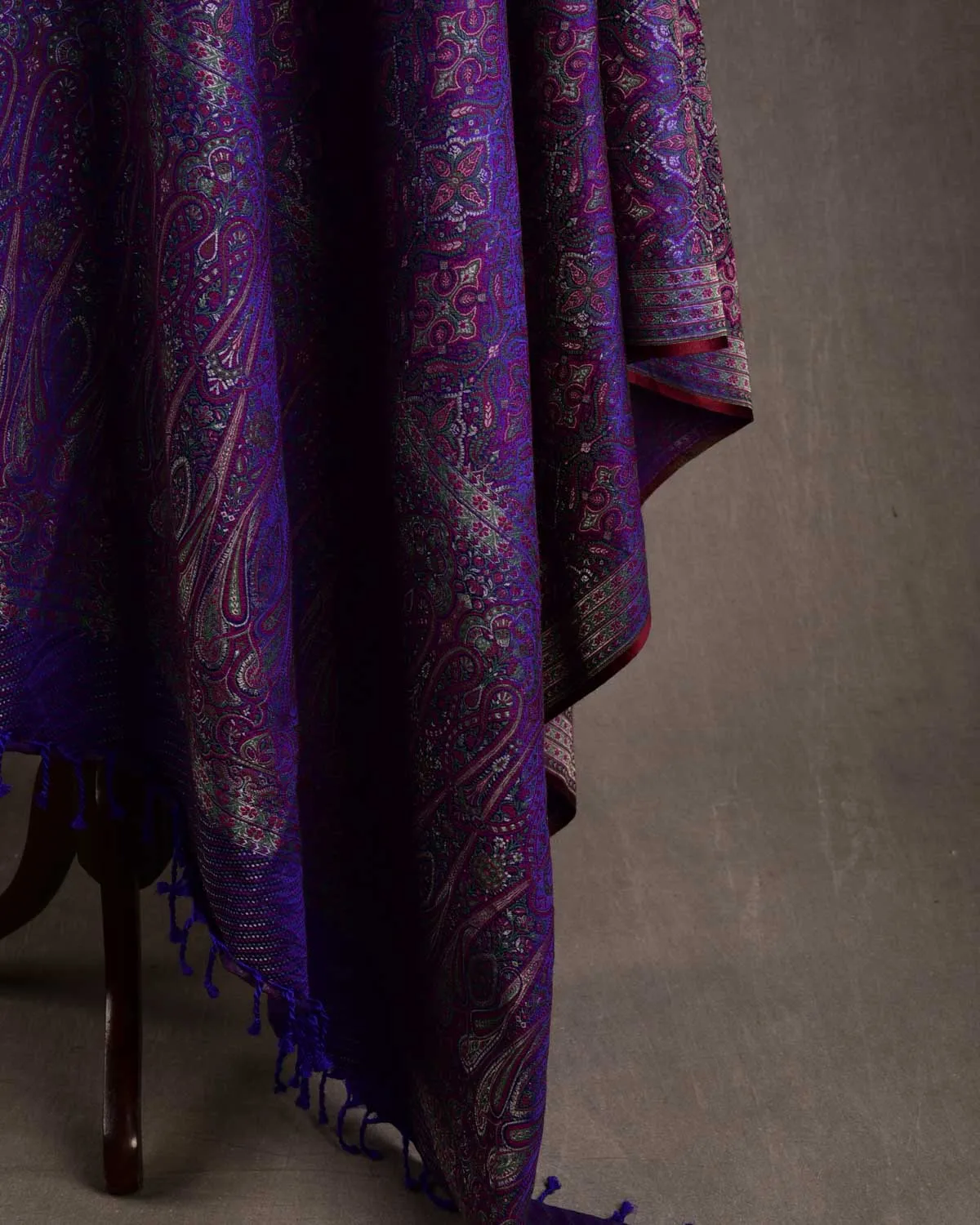 Green On Purple Tehra Traditional Jamawar Handwoven Silk Wool Unisex Dress Shawl with Silver Zari
