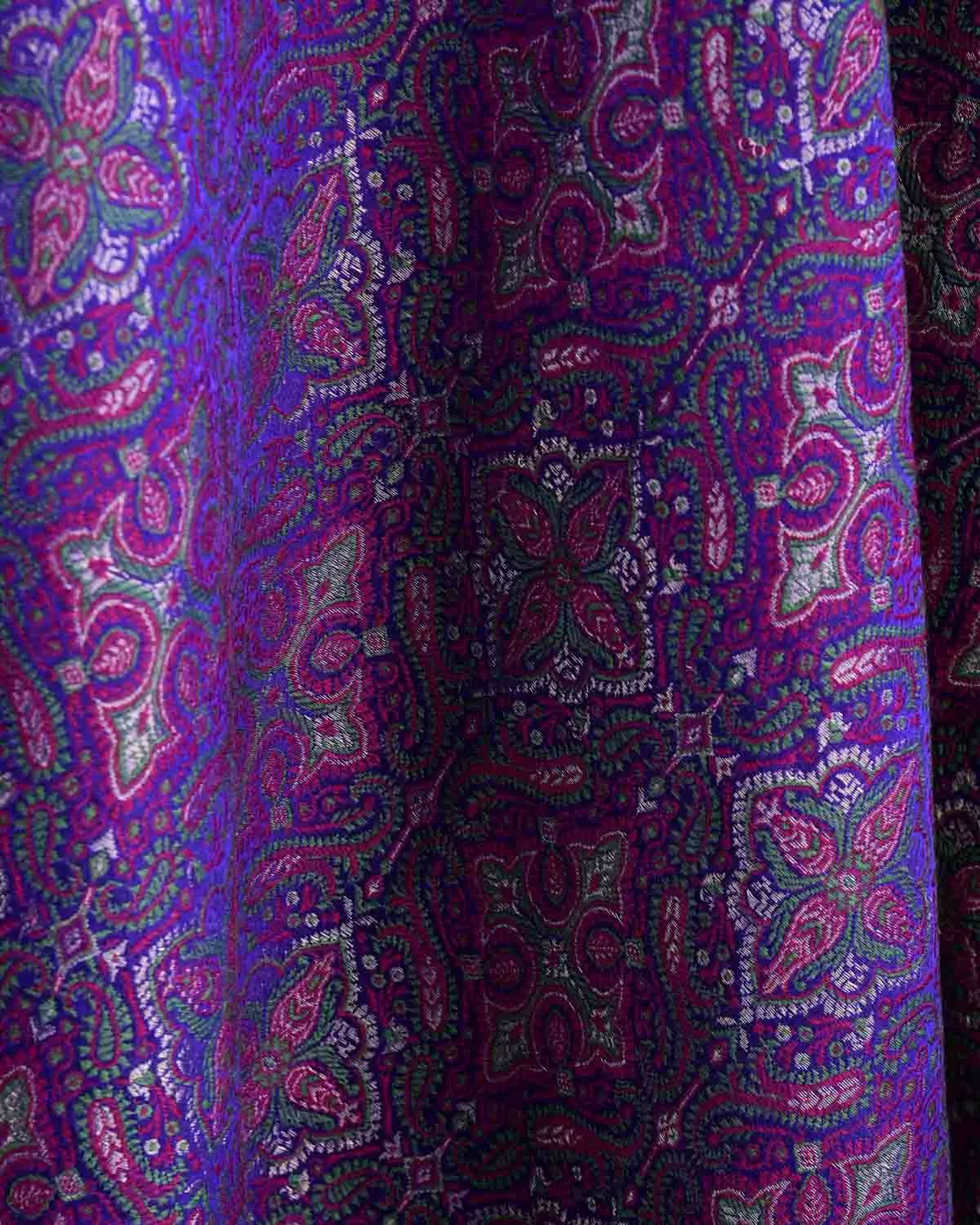 Green On Purple Tehra Traditional Jamawar Handwoven Silk Wool Unisex Dress Shawl with Silver Zari
