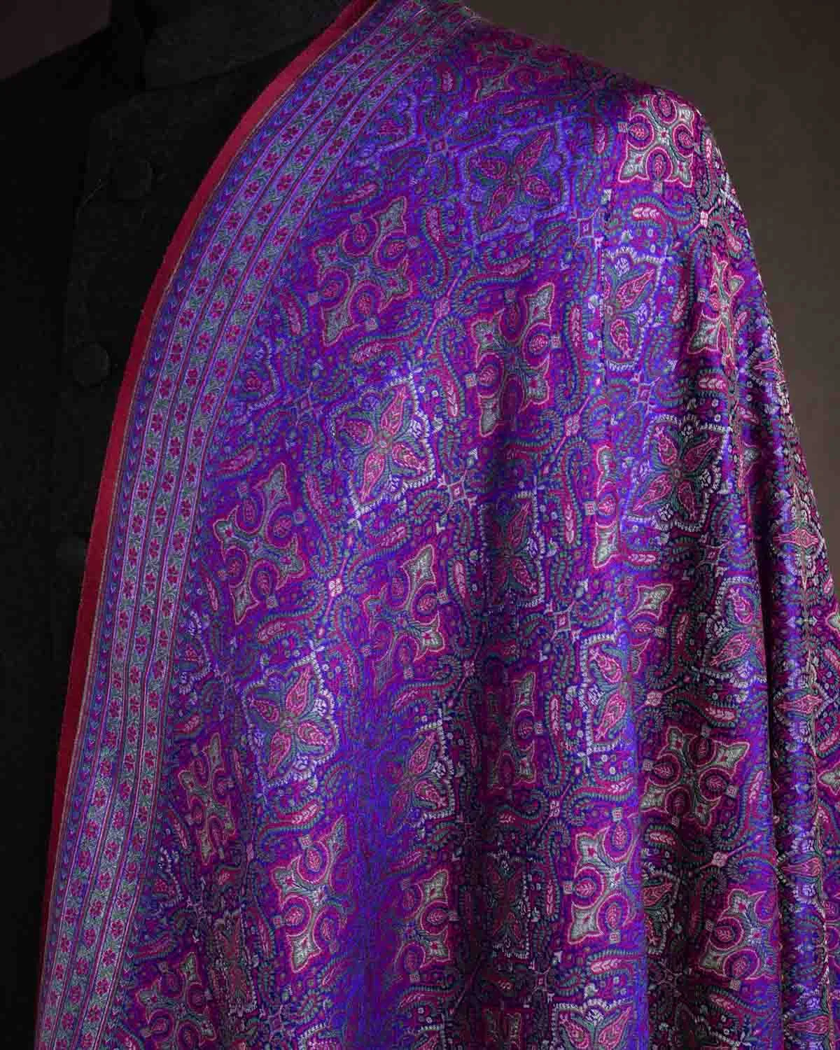 Green On Purple Tehra Traditional Jamawar Handwoven Silk Wool Unisex Dress Shawl with Silver Zari