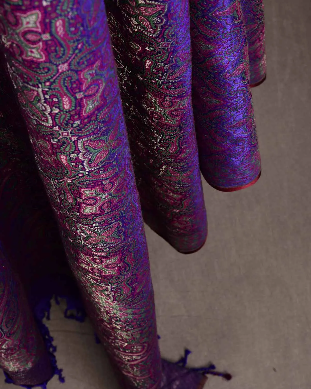 Green On Purple Tehra Traditional Jamawar Handwoven Silk Wool Unisex Dress Shawl with Silver Zari