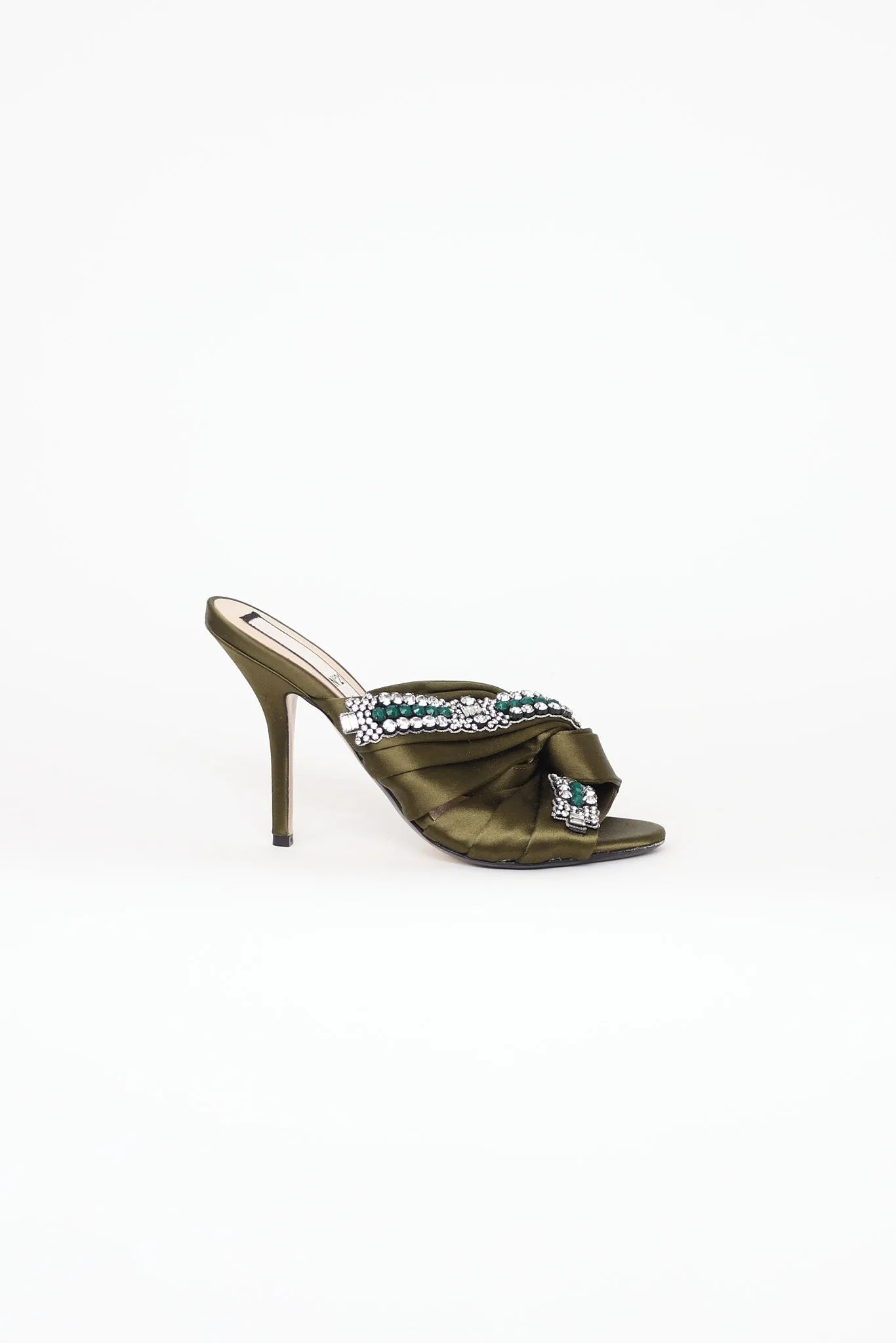Green Satin Embellished Pumps