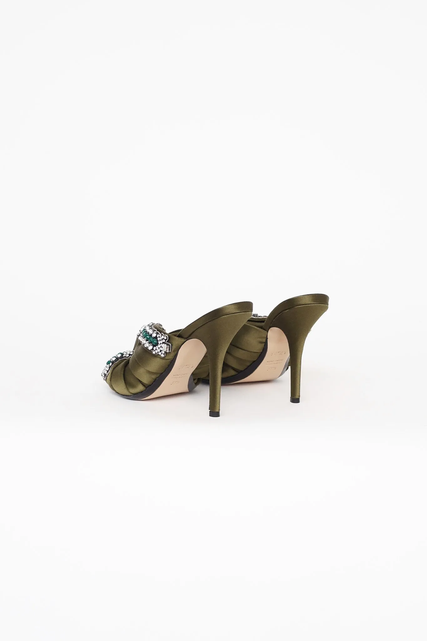 Green Satin Embellished Pumps