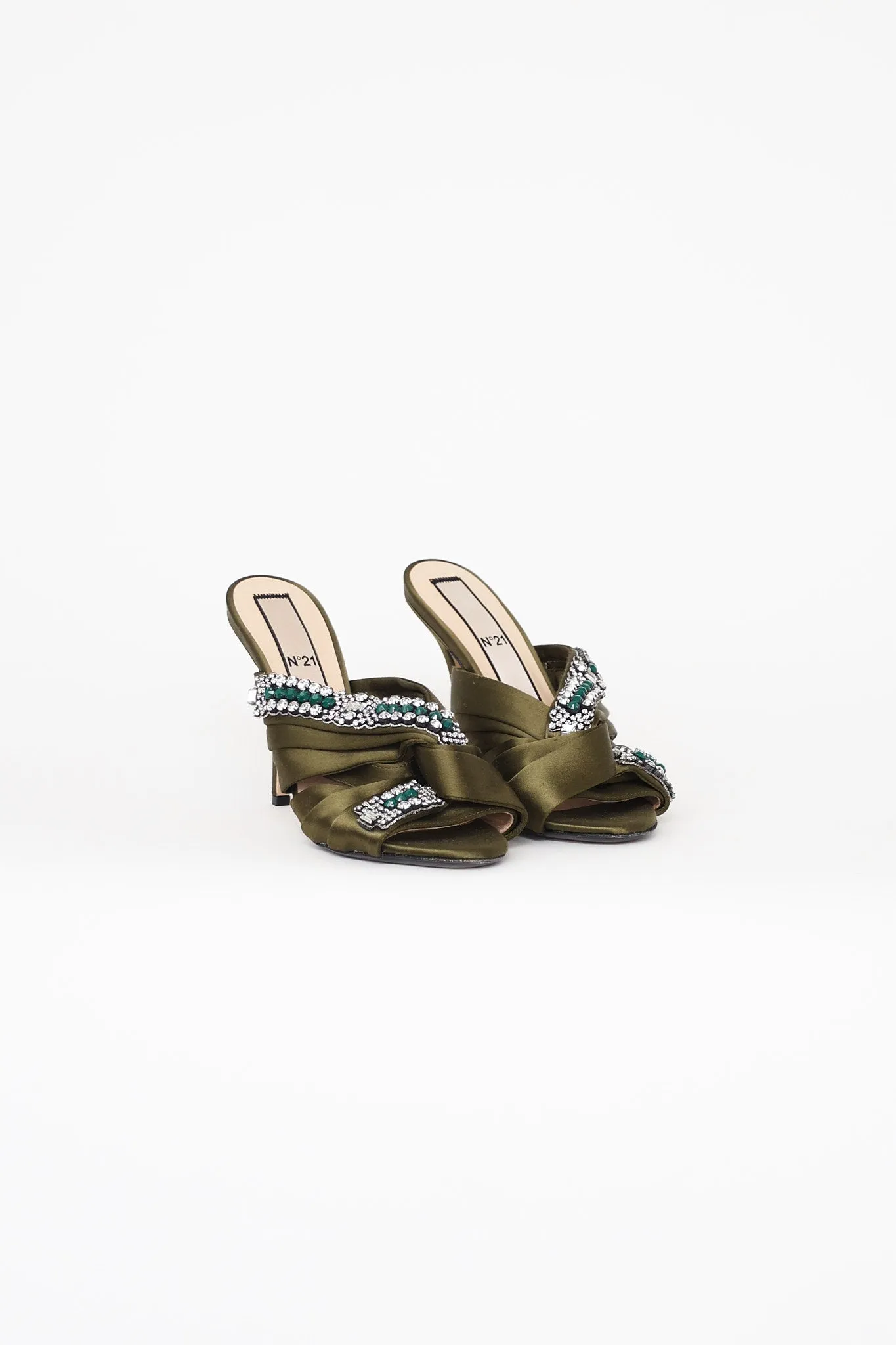 Green Satin Embellished Pumps