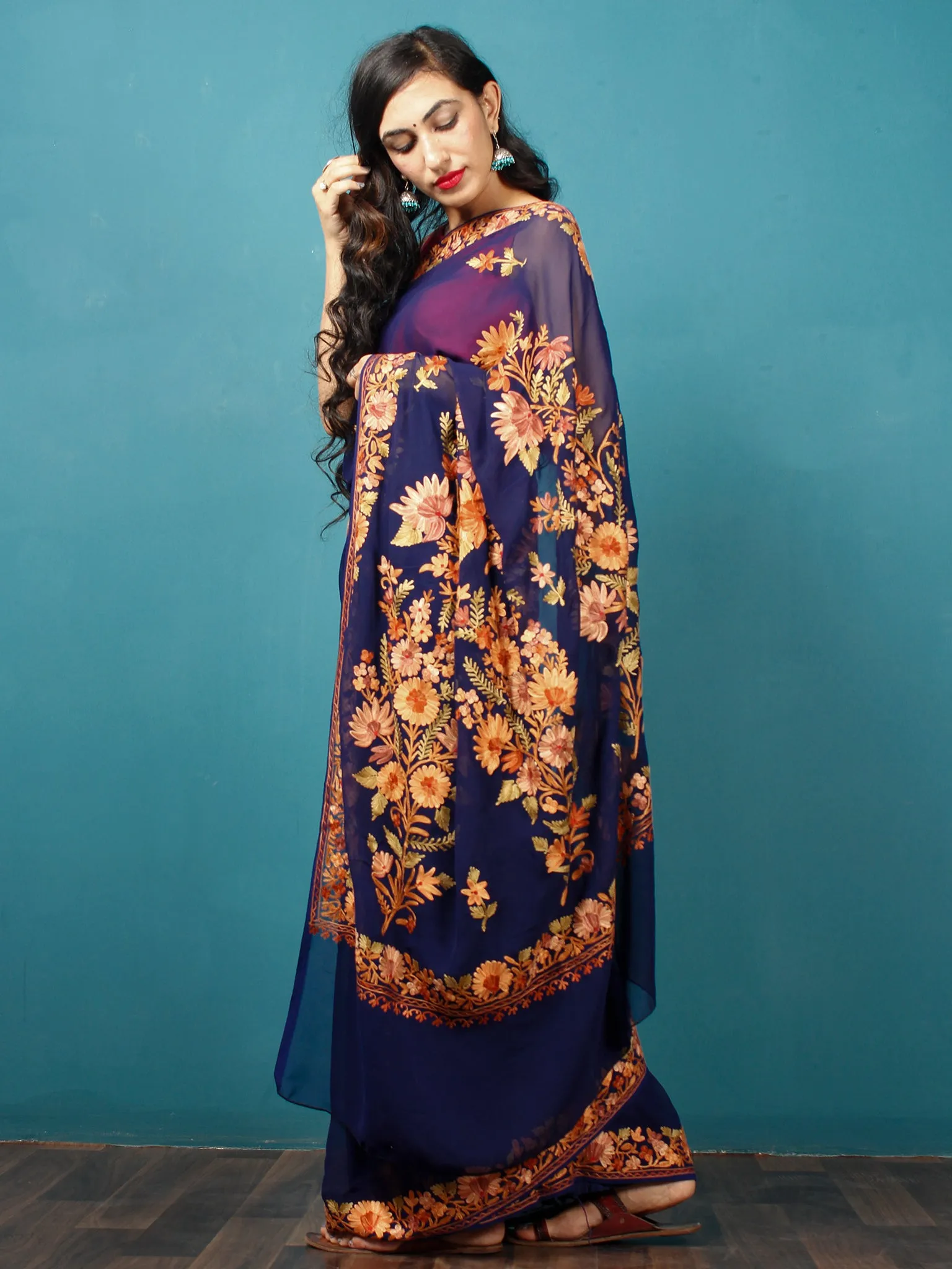 Indigo Yellow Orange Aari Embroidered Georgette Saree From Kashmir  - S031703059