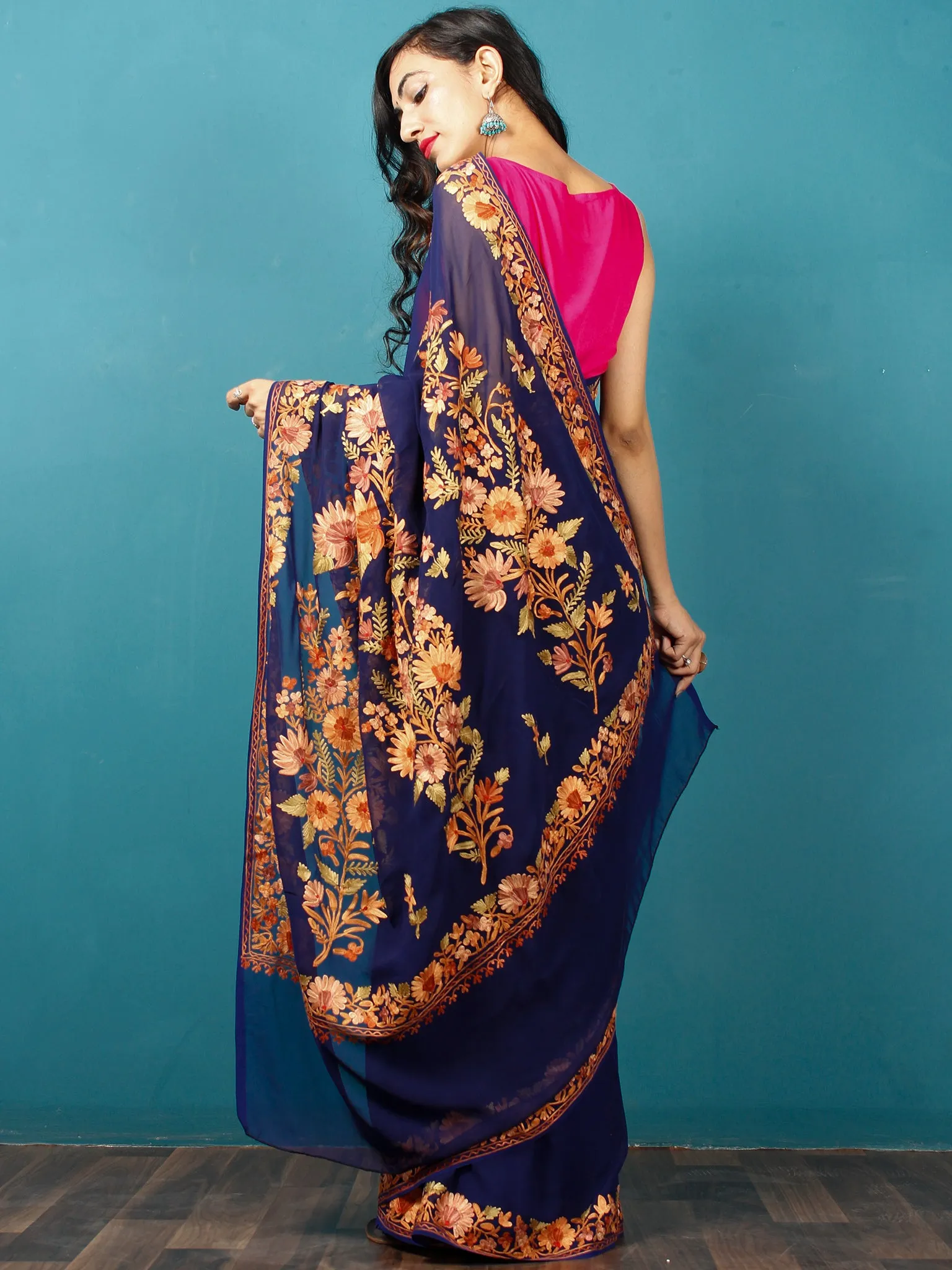 Indigo Yellow Orange Aari Embroidered Georgette Saree From Kashmir  - S031703059