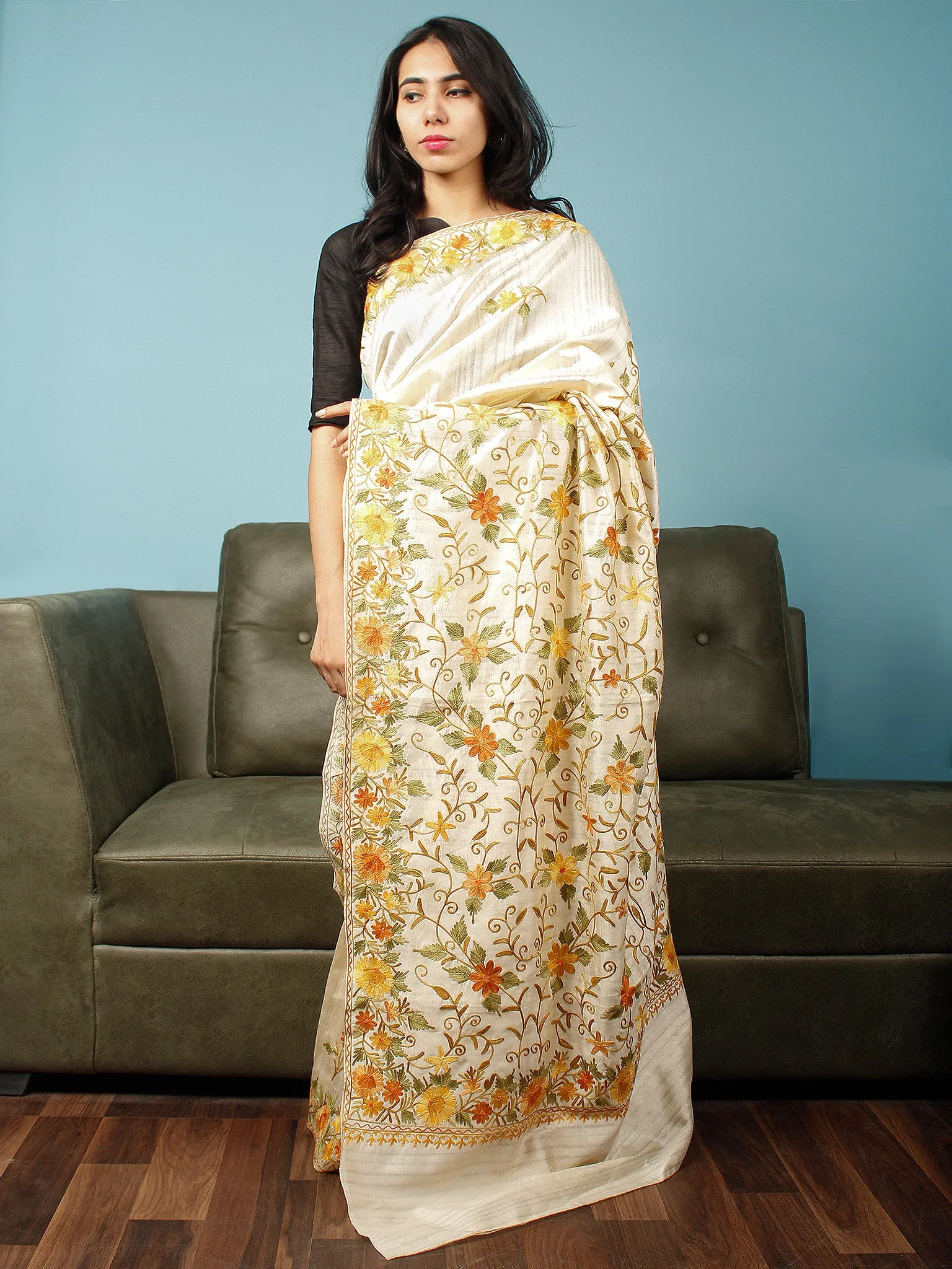Ivory Yellow Rust Green Aari Embroidered Bhagalpuri Silk Saree From Kashmir  - S031704064