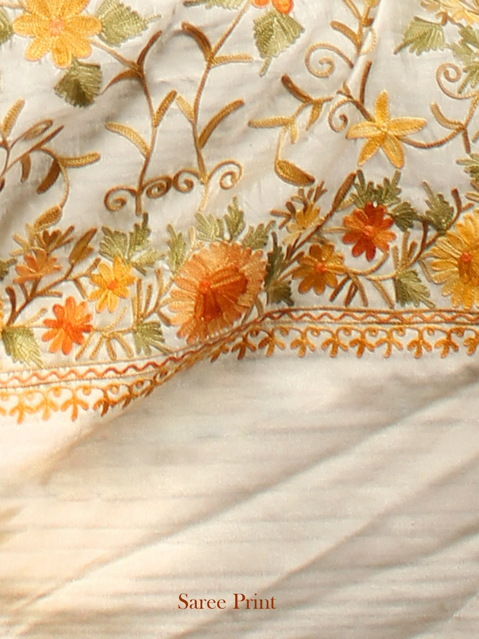 Ivory Yellow Rust Green Aari Embroidered Bhagalpuri Silk Saree From Kashmir  - S031704064