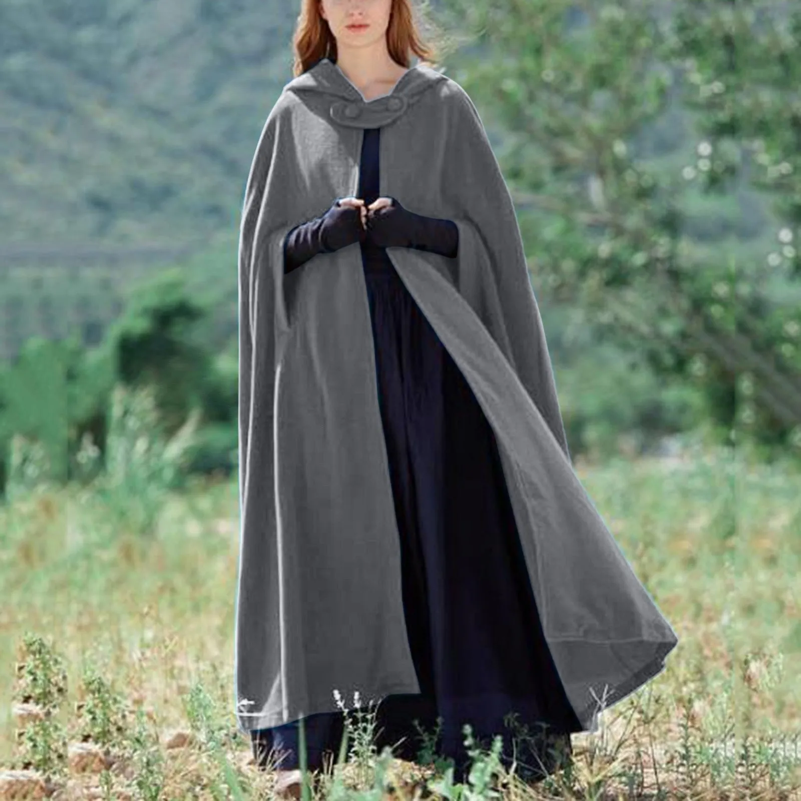 Long Winter Button-Closure Cloak