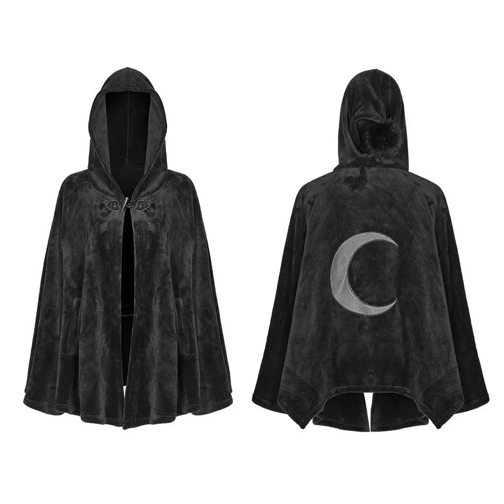 Moon Embroidered Dark Velvet Hooded Cloak Jacket