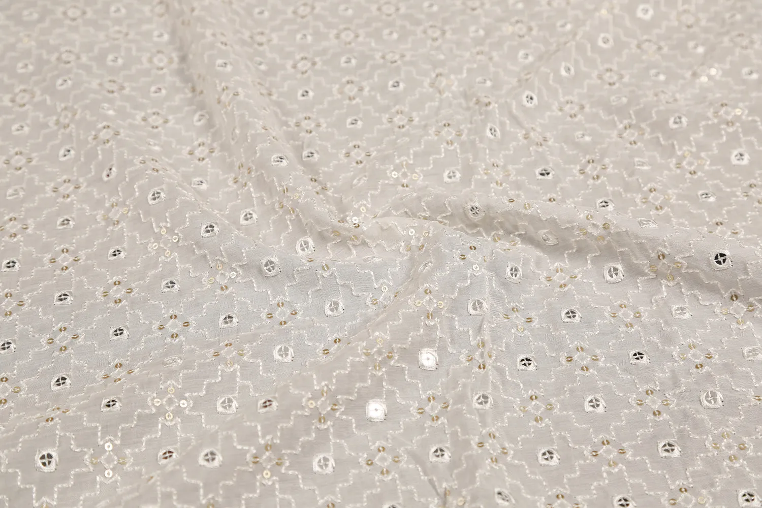 Off White Embroidered Cotton Blend Fabric