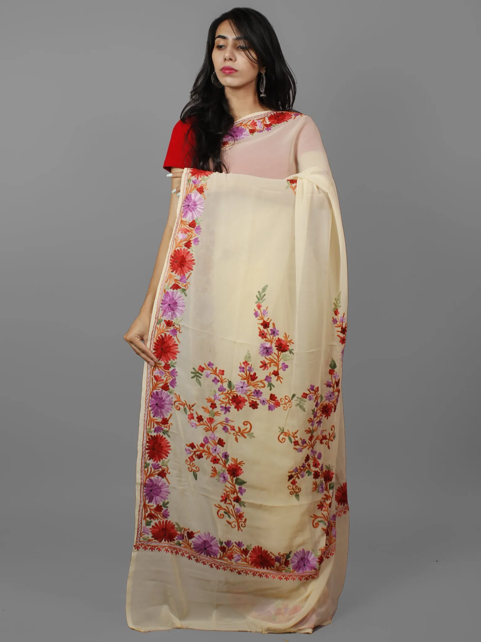 Off White Red Magenta Aari Embroidered Georgette Saree From Kashmir  - S031702140