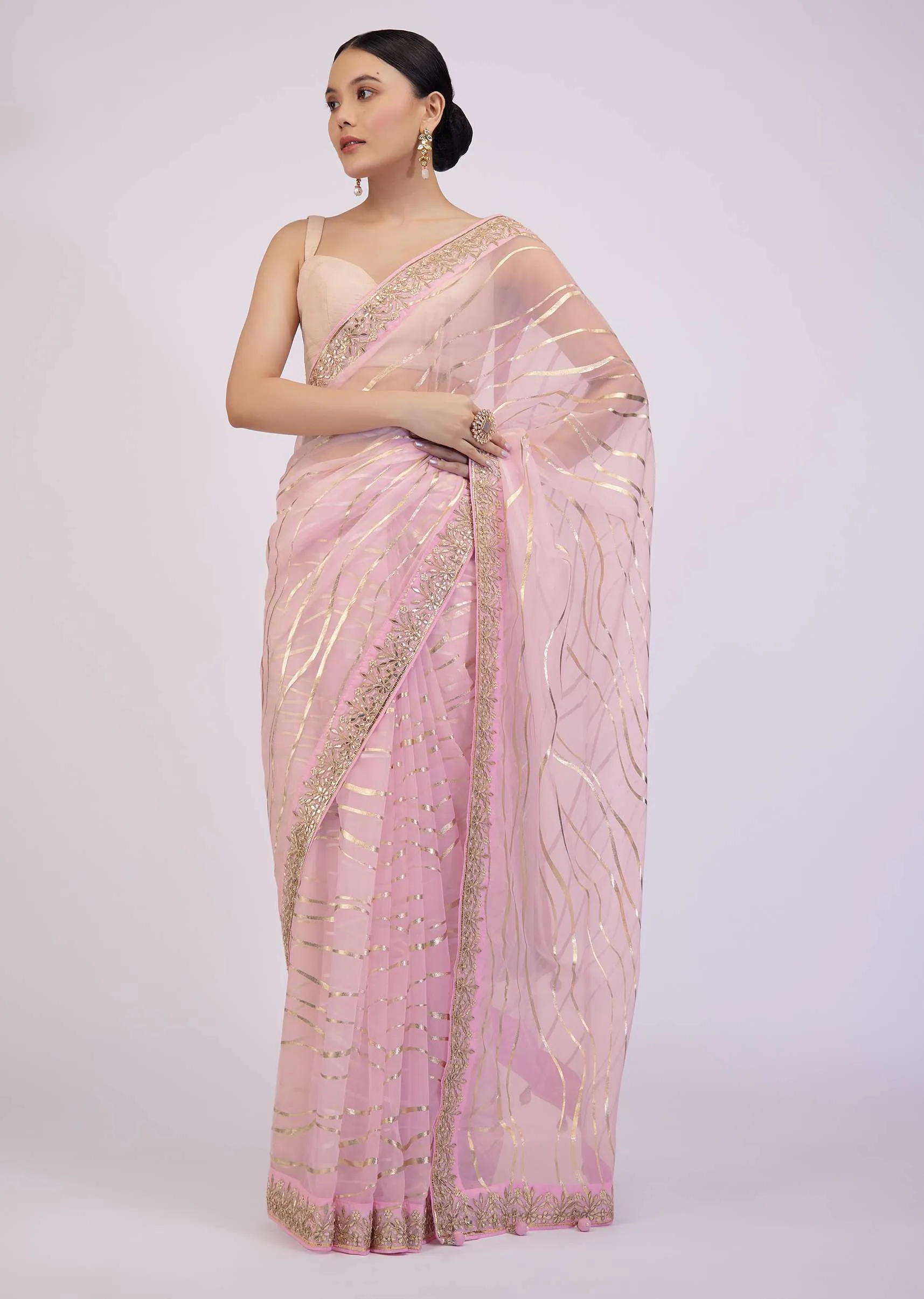 Onion Pink Saree In Organza With Foil Print And Embroidery
