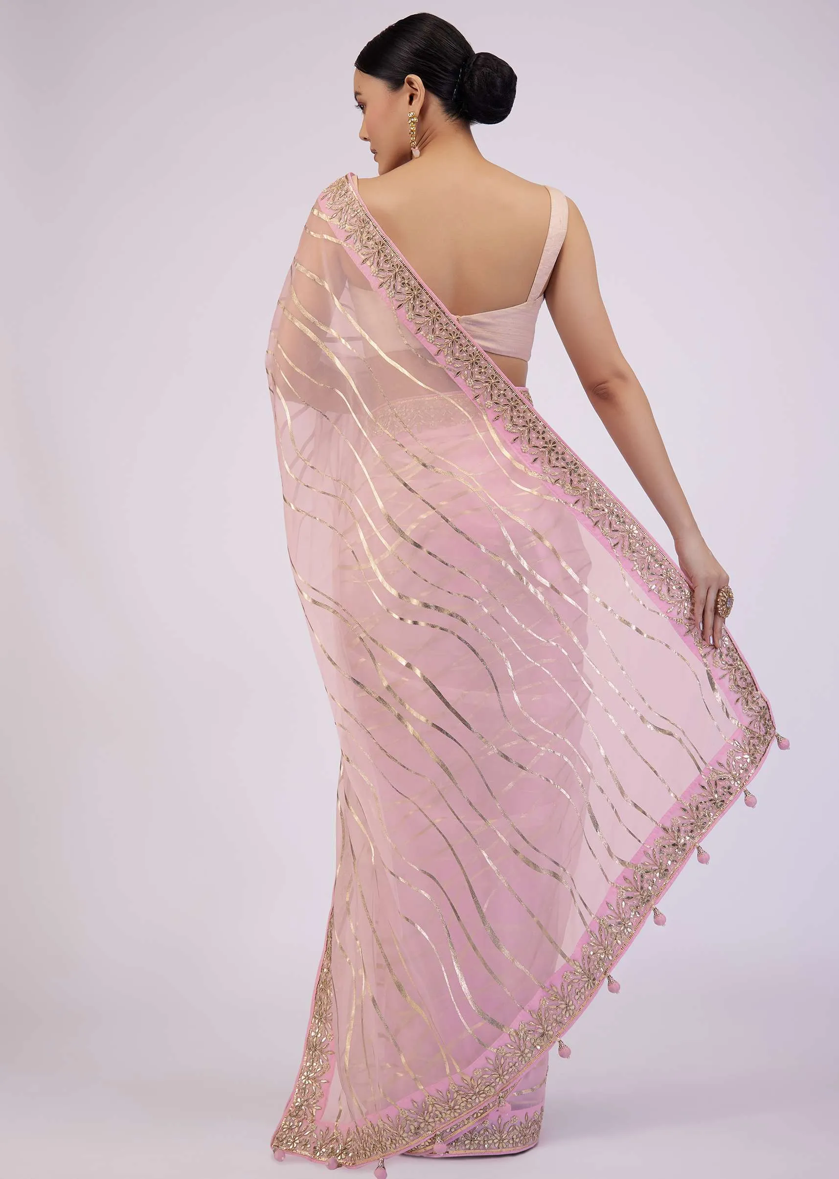 Onion Pink Saree In Organza With Foil Print And Embroidery