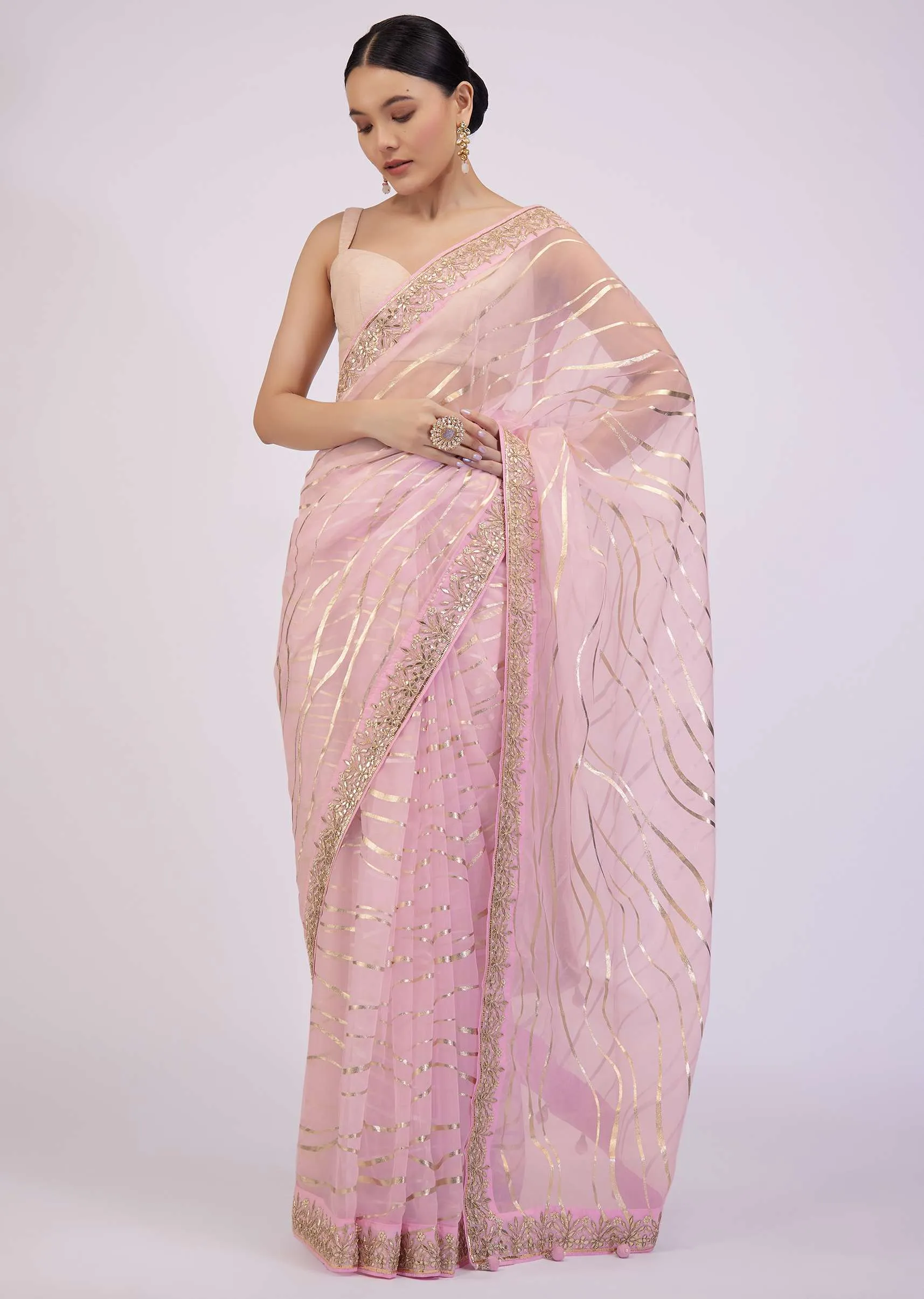 Onion Pink Saree In Organza With Foil Print And Embroidery