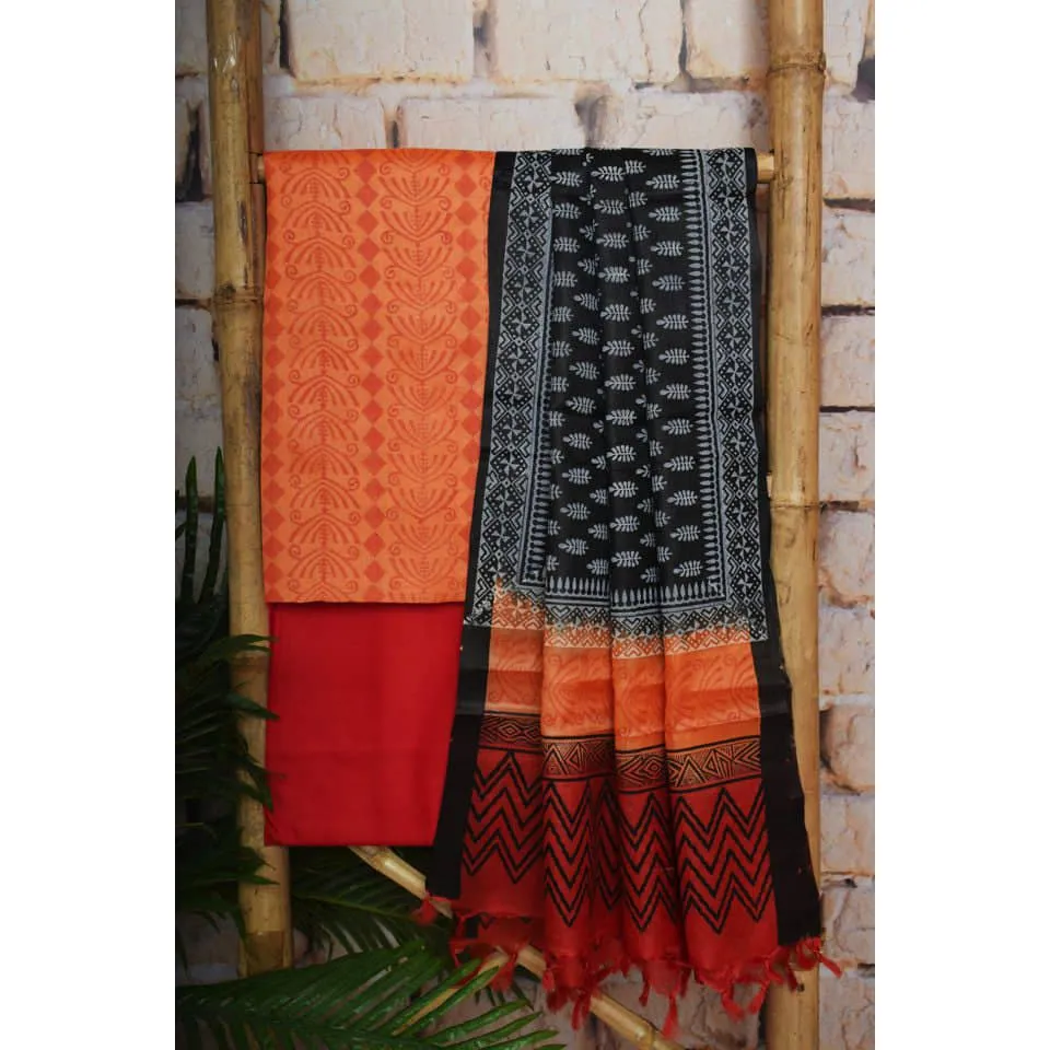 Orange Pure Tussar Silk Unstitched Suit