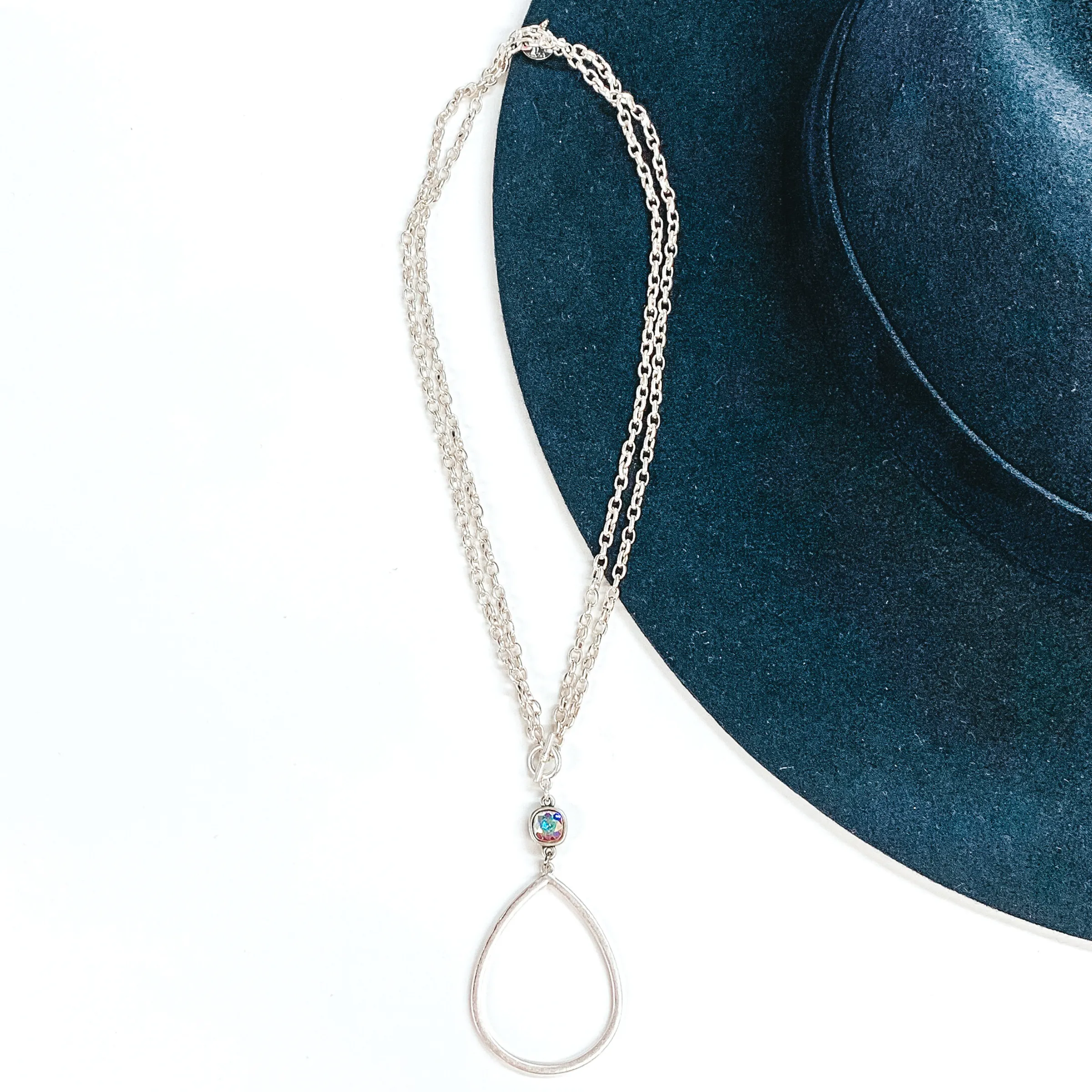 Pink Panache | Silver Open Teardrop Pendant with AB Cushion Cut Crystal on a Double Silver Chained Necklace with Toggle Front