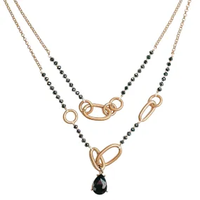 Pink Panache | Two Strand Black Bead and Gold Chain Necklace with Large Links and a Small Black Teardrop Crystal