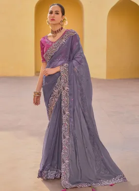 Rani Pink And Purple Multi Embroidery Wedding Organza Silk Saree