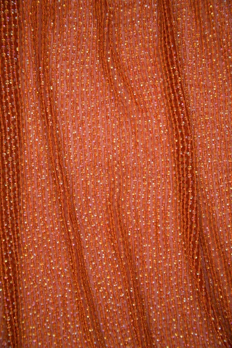 Red Orange Sequins & Beads on Silk Chiffon Fabric
