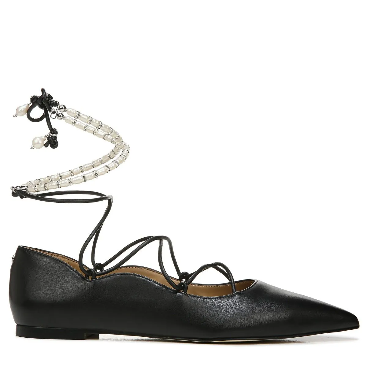 Sam Edelman Winslet Black Leather Lace-Up Pearl Beaded Pointed Toe Flats Shoes