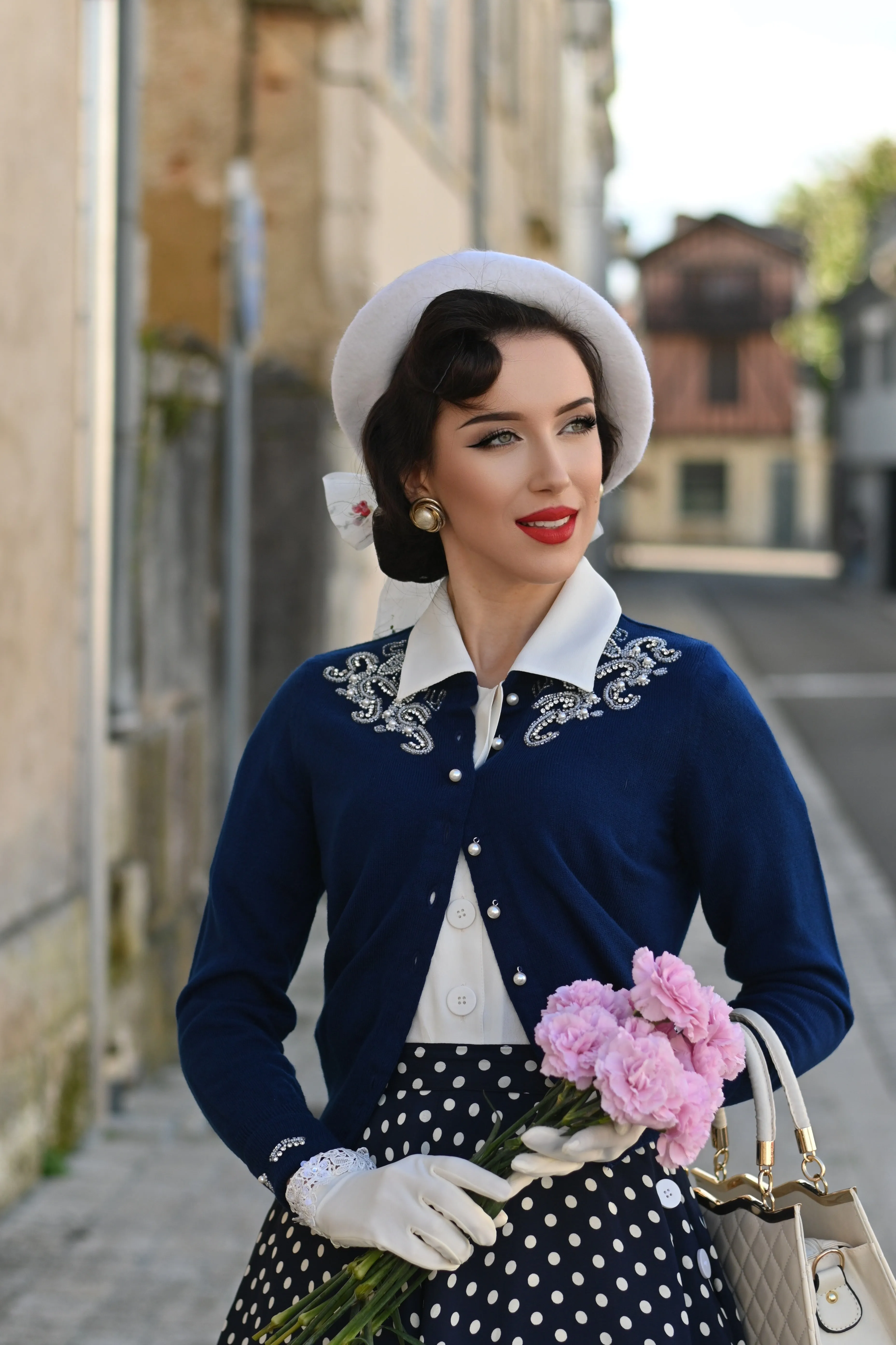 The Beaded Cardigan in Navy Blue, Stunning 1940s Vintage Style