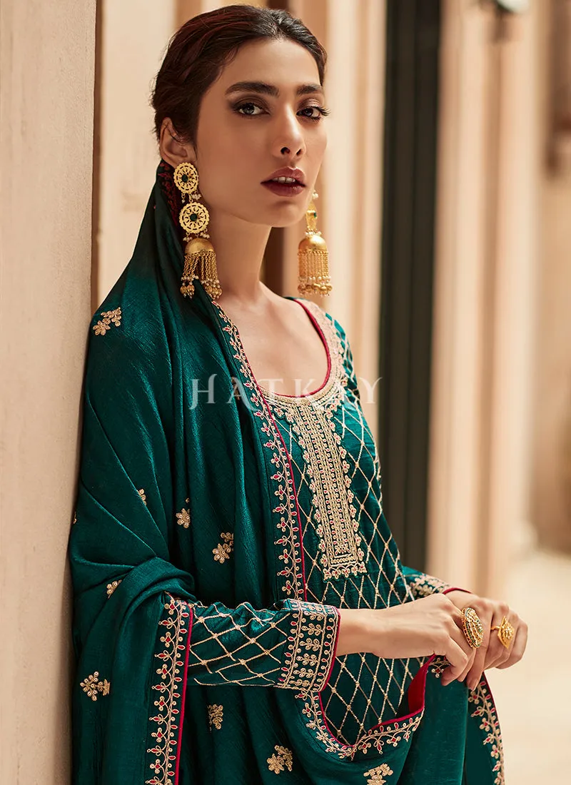 Turquoise Embroidery Traditional Silk Salwar Kameez
