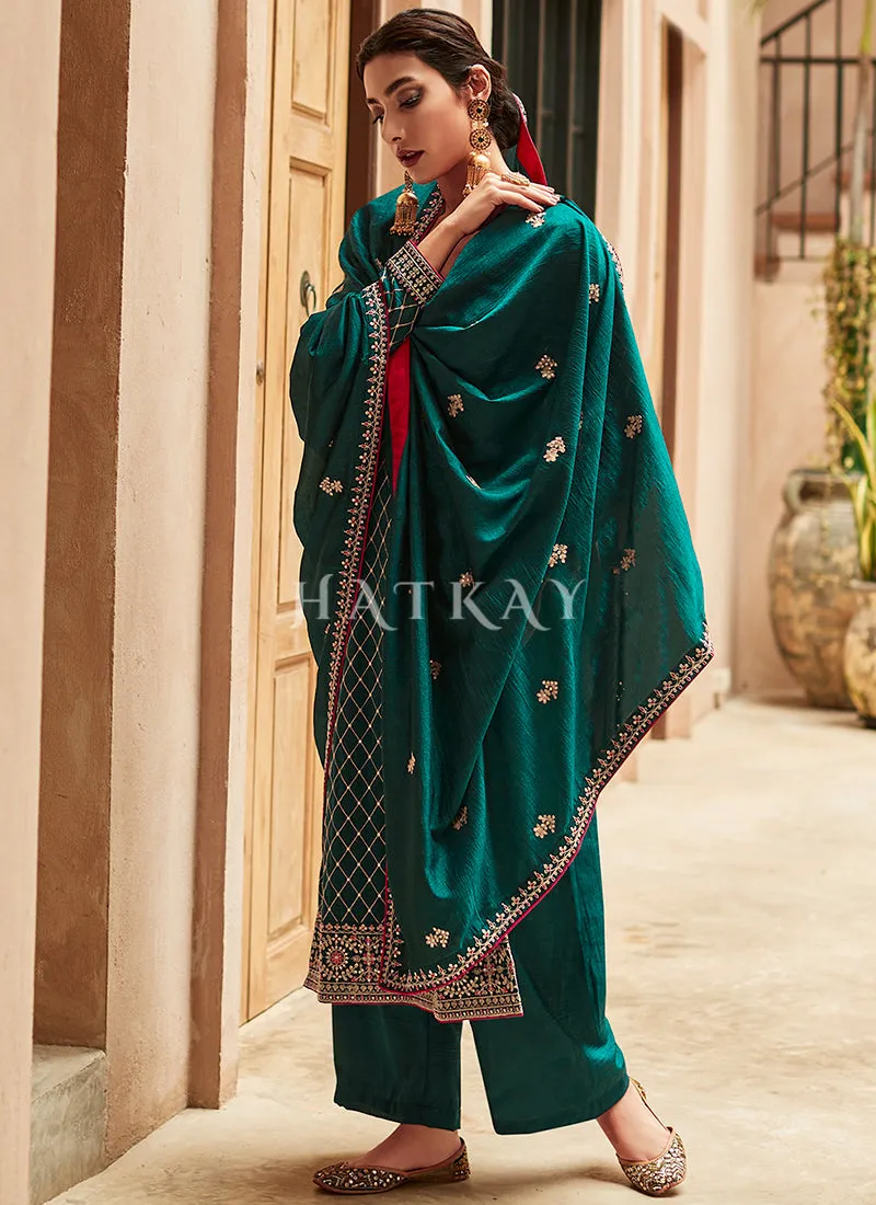 Turquoise Embroidery Traditional Silk Salwar Kameez