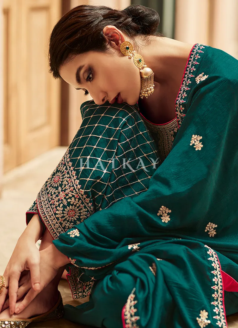 Turquoise Embroidery Traditional Silk Salwar Kameez