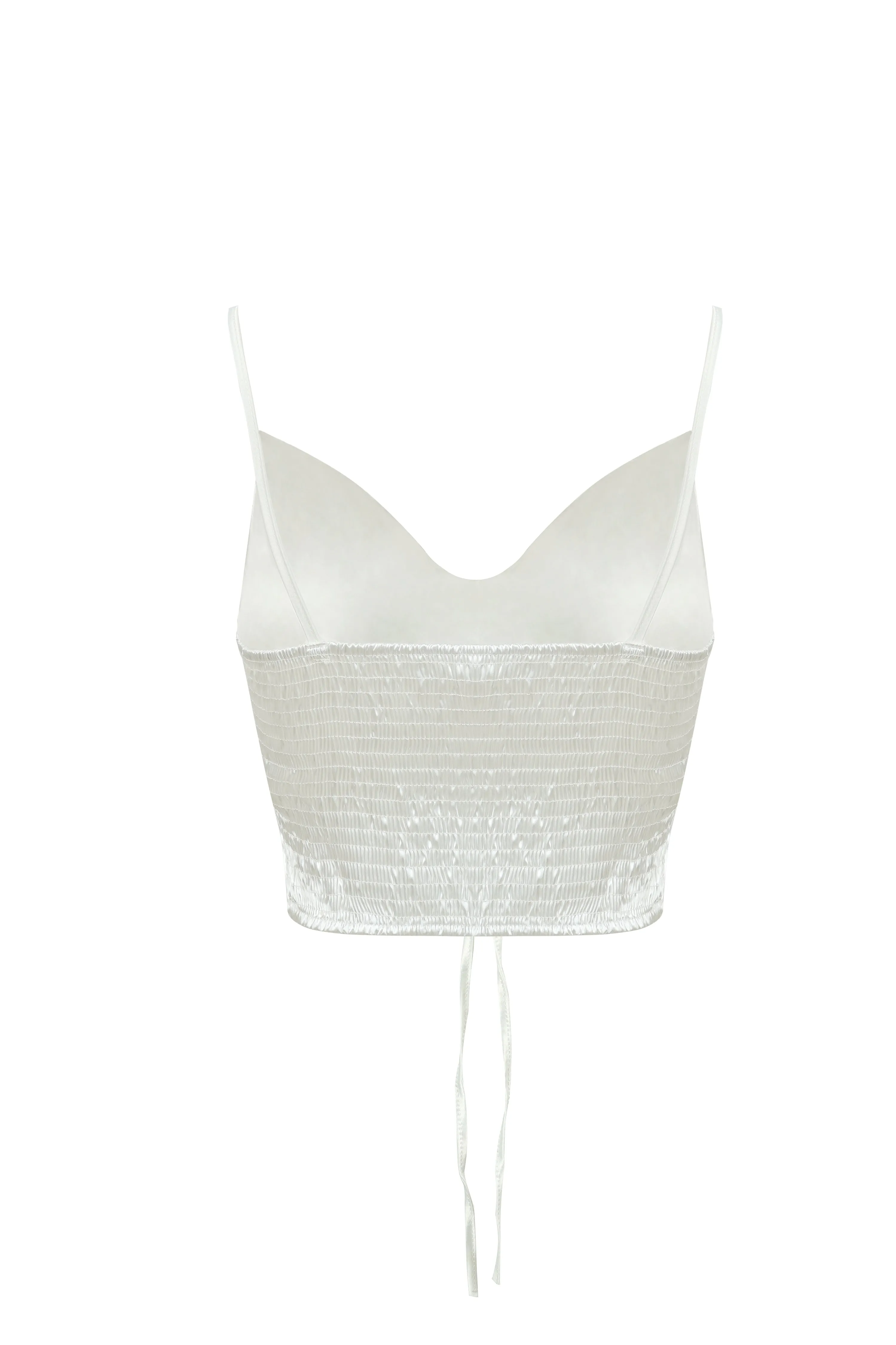 White Satin Ruched Lace up Crop Top