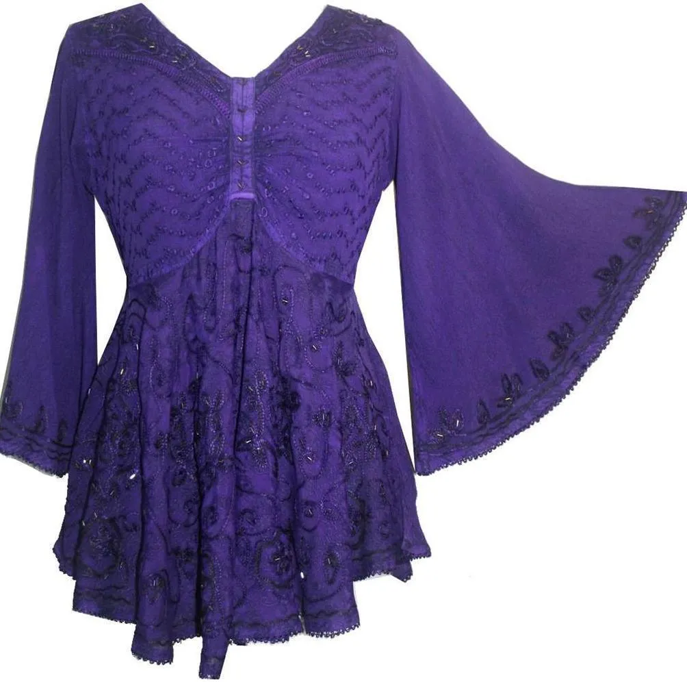 Women's Roman Butterfly Bell Sleeve Flare Hem Embroidered Sequin Tunic ~ 116 B