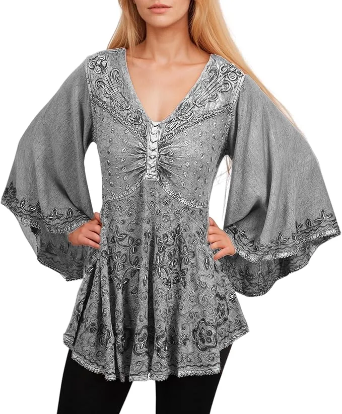 Women's Roman Butterfly Bell Sleeve Flare Hem Embroidered Sequin Tunic ~ 116 B