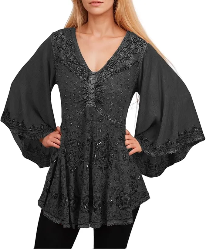 Women's Roman Butterfly Bell Sleeve Flare Hem Embroidered Sequin Tunic ~ 116 B