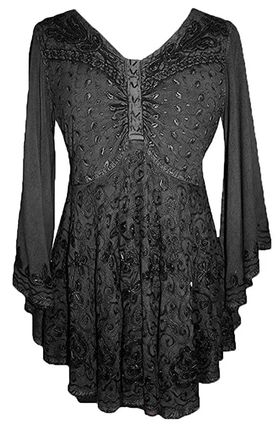 Women's Roman Butterfly Bell Sleeve Flare Hem Embroidered Sequin Tunic ~ 116 B