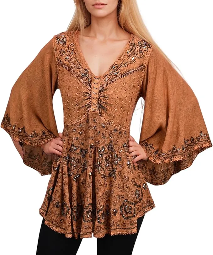 Women's Roman Butterfly Bell Sleeve Flare Hem Embroidered Sequin Tunic ~ 116 B
