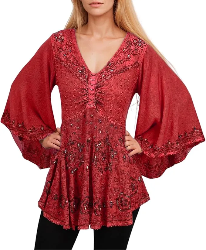 Women's Roman Butterfly Bell Sleeve Flare Hem Embroidered Sequin Tunic ~ 116 B