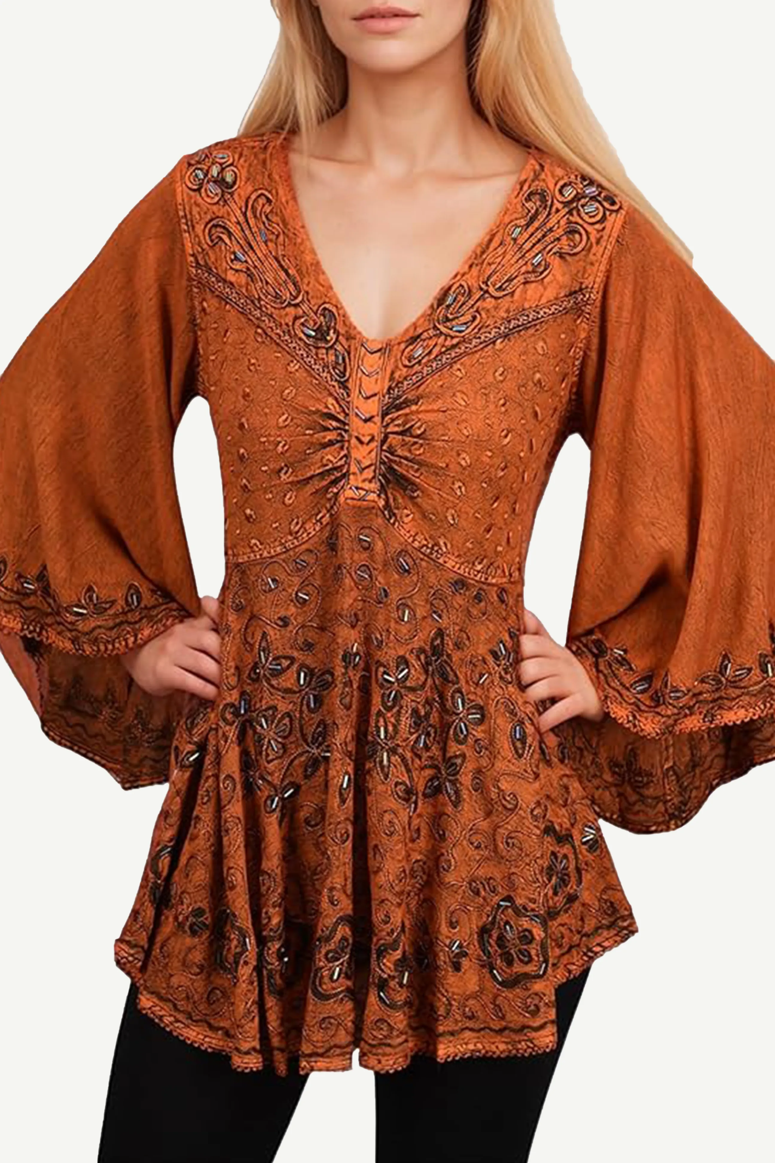 Women's Roman Butterfly Bell Sleeve Flare Hem Embroidered Sequin Tunic ~ 116 B