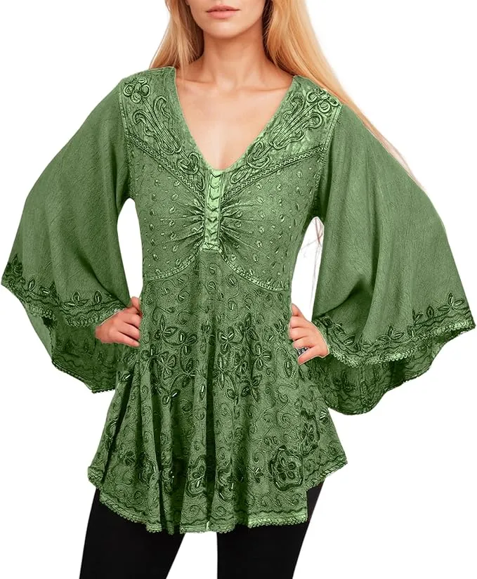 Women's Roman Butterfly Bell Sleeve Flare Hem Embroidered Sequin Tunic ~ 116 B
