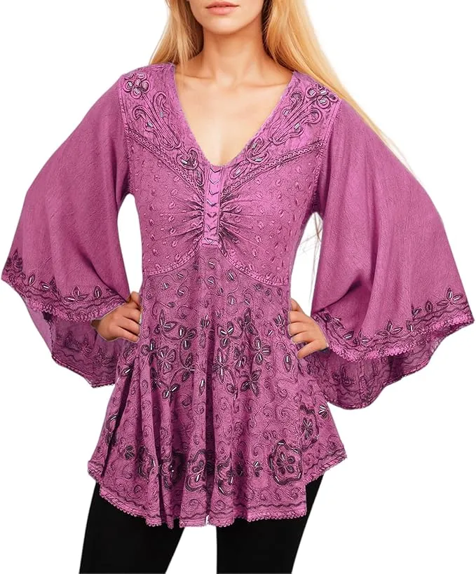 Women's Roman Butterfly Bell Sleeve Flare Hem Embroidered Sequin Tunic ~ 116 B