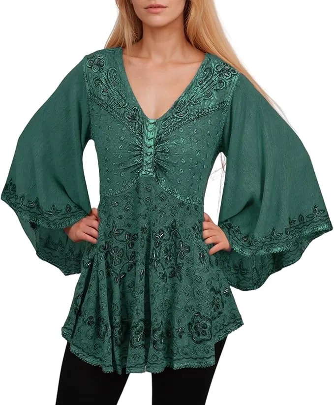 Women's Roman Butterfly Bell Sleeve Flare Hem Embroidered Sequin Tunic ~ 116 B